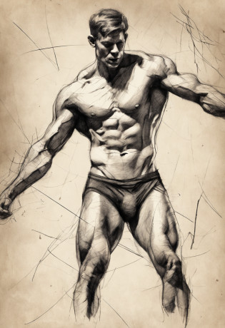 Coarse charcoal sketch on old paper, Muscular male image,Dynamic pose,Clean line art,+Expressive lines,Painting in an expressive sketch style, hatching, Black and white sketch, handpainted, Coarse charcoal sketch on old paper, Muscular male image,Dynamic pose,Clean line art,+Expressive lines,Painting in an expressive sketch style, hatching, Black and white sketch, handpainted, sketching, Linear style::Sketch note style sketch, Linear style::Sketch note style