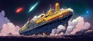 titanic in space, star wars, battle star galactica, star blazers, star trek, spaceship, wall-e, titanic, ocean liner, in the style of Akira Toriyama --q 2 --ar 21:9 --s 5000