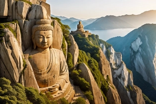 (best quality), a huge (stone buddha head carved out of a cliff face:1. 3), a castle sits on the stone cliff, buddhist monk meditating, in the style of photo-realistic landscapes, alexander fedosav, zen buddhism influence, christophe vacher, kinuko y. craft
