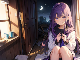 Best quality, tmasterpiece, A 12-year-old girl?Long light purple hair and purple eyes?Clear facial features?Happy and expectant expression?Sit in a dilapidated room and wait?There are sorted luggage packages?Outside the window is a night with stars and moon