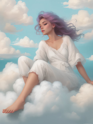 There was a woman sitting on a cloud in the sky, beuaty girl?cloud goddess, dreamlike illustration, girl clouds, lie on white clouds fairyland, White cloud hair, jen bartel, Clouds. fantasy, Dreamy clouds, concept-art ?dreamlike digital painting