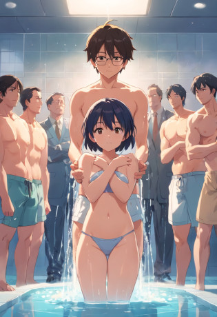 crowded gym shower with spraying showers and showering men in background. NSFW, a little girl small chest, naked, flat chest, only wear a small seashell to cover her , she is only girl with many men surrounding, The men around looked at the girl, the men behind the girl were harassing the girl, there no any girl surround except protagonist, the men surround touching the girl body