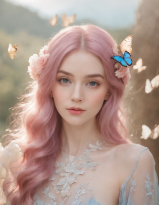 pink color hair and butterfly wings fk yalis kimi iro, in the style of light azure and amber, pre-raphaelite-inspired, playful collage, light violet and light indigo, made of flowers, organic material, painterly style