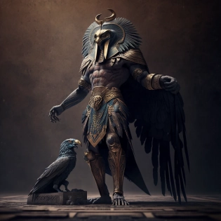 The Egyptian god Horus exasperates his wrath against man. Sinister. photorealistic. cinematic. full length.