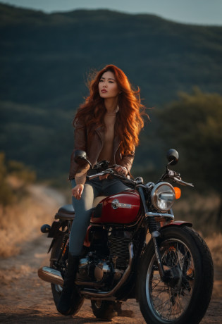 Woman riding a classic bike, Beautuful Women?Red Long Hair, full scene shot, Best Quality, evening glow, Steppe road, blows wind, Beautuful Women, Outdoor Scene, Dark red hair, Natural view, Red Riders Jacket, Navel Ejection,  Highly detailed facial and skin texture, Detailed eyes, ?????, Full body, Asian Girl, 20-year-old female model, Octane Render,Two-tone lighting,Wide aperture,Low ISO,White Balance, Driving a classic motorcycle, landscape