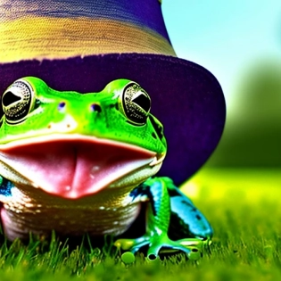frog, green, a bit of reality, on a green meadow, with big round clear eyes, in sunny weather, 4K, 3D, catches mosquitoes overhead with tongue, in a straw hat, 35mm