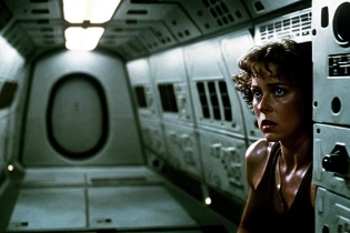 epic cinematic 8k wallpaper of Ellen Ripley, face resolute and scared. from Alien movie, wearing a wife beater, wide angle, action pose, half-body shot, forhead and cheecks are in sweat, close-up, centered composition, pressed her back against the wall in Nostromo space shuttle ((trending on Alien 1976 movie)), standing in a dark room, sci-fi, Ray Tracing, rim light, ultra detailed, highest detail quality, cinemeatic, movie quality, stoic cinematic, dark moody, lumen reflections, ambient lighting 4k, vogue, Rembrandt lighting, high contrast, shallow focus, rtx ray tracing lighting, ultra realistc, octane render, 8K