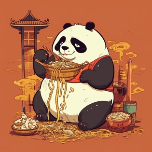 a fat panda standing on 1 leg, eating noodles, in the style of TAKESHI OBATA SHUEISHA, anime , 8k