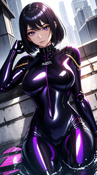 Alafard woman in a wetsuit sitting in a puddle, glossy wet skin!!, Wet shiny skin, made of liquid purple metal, broken beautiful female android!, beautiful female android!, perfect android girl, seductive anime girls, Biomechanical OPPAI, an oppai cyberpunk, Drenched Body, Purple body, Latex skin, Cyborg girl, Wet look
