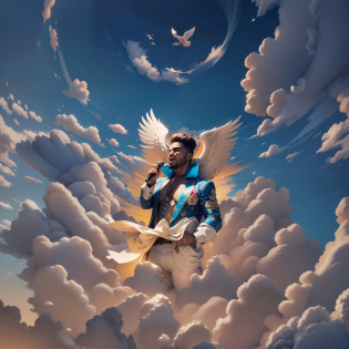as a famous Brazilian singer Gabriel Diniz is a singing angel floating among the clouds in the sky just like divine angels, He has a microphone in his hand, extraordinary and beautiful archangel wings protruding from his back, Asas como o Arcanjo Gabriel, He's singing, Divinely angelic illumination arising and illuminating the singer, He is a modern angel and wears an extravagant coat with colorful flowers painted, 80's style coat, casaco aberto mostrando camisa dentro, barba curta, Its color is at odds with the sky and clouds that are in light and angelic tones, The singer brings color and life to the sky, cores representam a alegria da cantora, Image conveys the peace of heaven and the joy of the singer, Small silhouettes of almost invisible little angels watch the singer's show in the sky, Appearance similar to that of singer Gabriel Diniz, Gabriel Diniz on Doming�o do Faust�o, GD, Roupas parecidas com as de Gabriel Diniz em seu DVD em Fernando de Noronha, Autora do hit Jenifer foi a mais ouvida nas plataformas digitais, arte com detalhes absurdos, 8k