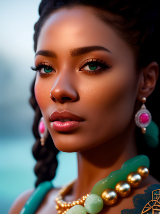 hyper realistic, ultra realistic photograph of an African American barbarian woman, face looks like Naomi Campbell, ((honey eyes)), ((Jade ocean:1.25)), bronze jewelry, shiny, mysterious, sunlight fractal details, (Anna Steinbauer:1.5), depth of field, HOF, hall of fame, detailed insanely gorgeous face, futuristic environment, natural body posture, professional photographer, captured with professional DSLR camera, trending on Artstation, 8K, ultra detailed, ultra accurate detailed, cinematic lighting, Thomas Kinkade background, urban, ultra unreal engine, ((Pauline Vo�)), ((Pascal Quidault)), ((Anna Helme)), Martina Fackova, intricate, epic, freckles, peach fuzz, detailed mascara