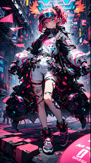 (cyberpunked),Optical camouflage?VR Goggles?Neon light?City of the Future?Jumpsuit?(1girl in, Solo:1.6),(Cute smile),(Clothes are simple), (Best Impact:1.5), (maximalism:1.7), Vivid contrast, (Realistic), hyperrealistic illustrations, hight resolution, ultra-detailliert, absurderes,(Fractal Art:1.3)?Random hairstyle?Random hair color colorful?FULL BODYSHOT?Retro?Precise focus?randome pose?cinema4d?Drama