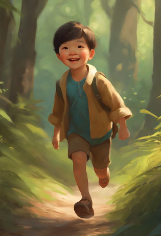 there is a young boy that is playing in the woods, expressing joy. by krenz cushart, childrens art in artstation, happy kid, enjoying a stroll in the forest, inspired by Goro Fujita, by Yeong-Hao Han, jaeyeon nam, inspired by Yeong-Hao Han, by Kim Eung-hwan