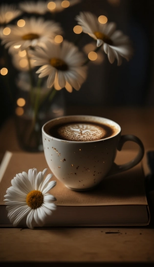 A white cup of coffee stands on a wooden table against the background of bokeh, lights, a beige book and a camomile lie nearby, beautiful atmospheric light, sharp-focus, high-quality, artistic, unique, attention to detail, realistic photography, f/1. 8 aperture :: --ar 9:16