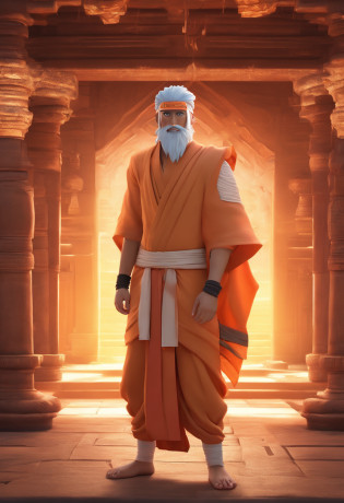 Naruto in Indian dhoti kurta in a Shiva temple holding a trishul with jiraiya, ultra HD quality, ultra realistic background, ultra realistic face,4k ultra realistic, sunrise.