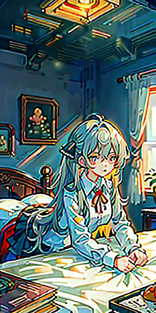 Masterpiece, Best Quality, High Resolution, Solo, Indoors, White Shirt, Black Skirt, Red Ribbon, Disheveled Clothes, Underwear, Lying, Angry, Bed, Disheveled Clothing, Heavy Breathing, Closed Mouth, Sunset
