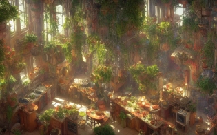beautiful open kitchen in the style of elena of avalor overlooking aerial wide angle view of a solarpunk vibrant city with greenery, interior architecture, kitchen, eating space, rendered in octane, in the style of Luc Schuiten, craig mullins, solarpunk in deviantart, photorealistic, highly detailed, Vincent Callebaut, elena of avalor, highly detailed, �ar 16:9