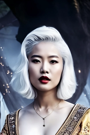 white hair, detailed gorgeous face, beautiful young asian girl, queen of the dead, medium length white hair, toned stomach, showing midriff, small breast, fantasy background, Hyperrealism, cinematic lighting, highly detailed, breathtaking, photography, stunning environment, wide-angle, by greg rutkowski and magali villanueve,