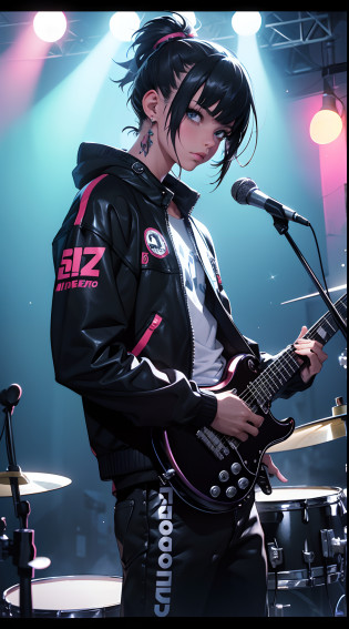 Un punk con pelo puntiagudo y chaqueta de cuero, Playing the drums, Estilo Level4, hiperrealista, Disco duro, neon