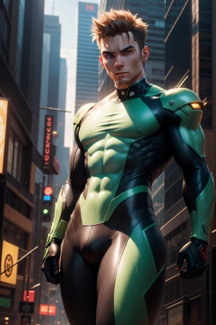 Portray a realistic character for a fantastic video game, The character combines qualities (power, endurance, dexterity, fart), in a suit made of tight-fitting nanofiber, ability to fly, the ability to release electrical discharges from the hands, There is a green light in his eyes, As realistic as possible, On the street of Cyber City, Assistant Flying Android, Highest resolution, Highest Detail, 8k, super realism