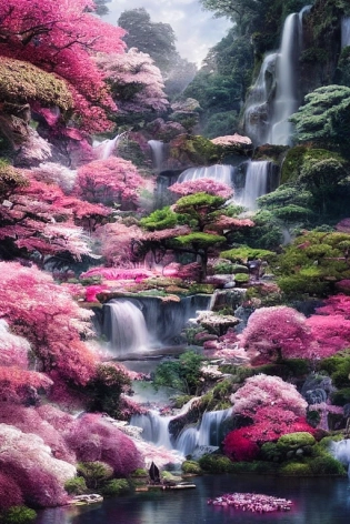 long range view, Beautiful Japanese flower garden, waterfalls, pink and white, by Akihito Yoshida, Ismail Inceoglu, Karol Bak, Airbrush, Dramatic, Panorama, Cool Color Palette, Megapixel, Lumen Reflections, insanely detailed and intricate, hypermaximalist, elegant, ornate, hyper realistic, super detailed, unreal engine