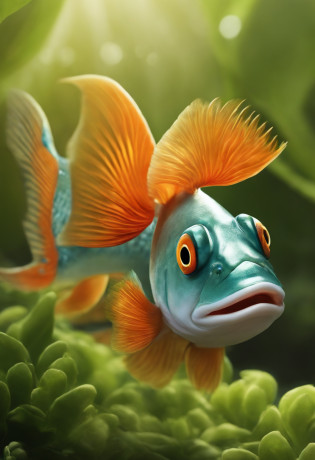 Fish head?Tail of a fish?Human body?Humanoid body?It has fins and scales?super adorable?sprout?cartoony?with a round face?largeeyes?little mouth
