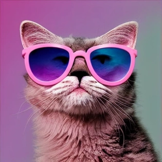 Photo of a cute fluffy pink cat wearing large sunglasses colorful, centre image, clean borders, symmetry symmetrical cyberpunk, parchment texture background muted pastel colors lilac color, violet color, pastel purple color, pastel green color octane render fantasy magical style of Alan Lee symbol , --w 6144 --h 9216 --q 2 --uplight --video