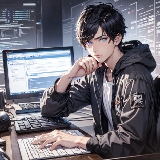 (tmasterpiece, Far plan, amazing quality, A highly detailed, Young guy, short black hair, blue eyes, shadows under the eyes, Focused gaze, sitting at a table, keyboard, computer, Dark background, twilight), afternoon, typing on keyboard, hacker, ray tracing, cyberstation.