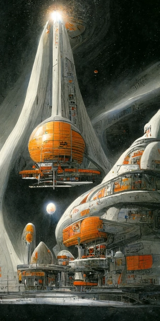 azteching white and grey starbase spacedock station in space, orange writing, jupiter station, concept art lineart, rich sternbach, john eaves, andrew probert, doug drexler, --ar 1:2