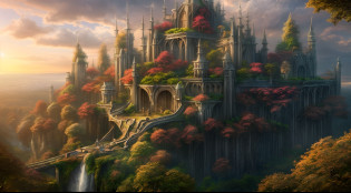a wallpaper ultra wide angle, fantasy art, RPG art, (best Detailed: 1.5),  (UHD: 1.5), (photorealistic: 1.4), picture of an elven city built among the forest trees, a city of Forgotten Realms elves built in the forest, there are many houses built in the massive ancient forest woods, there are elven towers, a massive, elven fortress built on a hill near the city, (perfect architecture: 1.5) fantasy elven forest background, sunset, the sun is setting down there are some clouds in the sky, best details, best quality, 16k, (ultra detailed: 1.5), masterpiece, best quality, (extremely detailed), ultra wide shot, photorealism, depth of field, hyper realistic