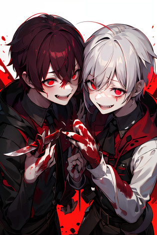 1male people?twinks?Mash?Blood everywhere?blood splashing?Guess Face?laugh?Murderous ghosts?Holding a knife?dark hue?Red hue?Hunting?