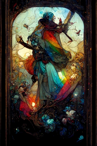 Stained glass windows flying + dark blue starry night with rainbows + elements + rainbows + iridescent blue + spectrum + baroque + rococo + white + orange + ink + tarot card with ornate frame + Marc simonetti, Paul pope, Peter mohrbacher, detailed, intricate ink illustration --ar 10:16