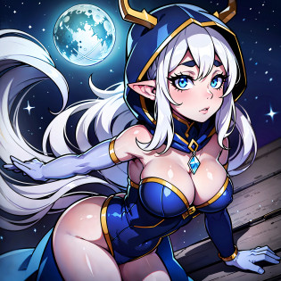 Elf ears, pointed ears, tight clothes, hood up, hood with antlers Mysterious, Enigmatic, Otherworldly, Solitary, Sage, Lunar being, Moonlight, Silver-white hair, Shimmering blue and silver ribbons, Moonlit night, Reflective eyes, Deep wisdom, Melancholy, Slender, Graceful, Pale luminescence, Moonlight glow, Silver-white hair, Shimmering blue and silver ribbons, Reflective eyes, Silvery-blue glow, Moonlit night, Flowing gown, Phases of the moon, Dark blue, Deep purple, Silver and gold celestial patterns, Stars, Moons, Constellations, High collar, Hood, Silver amulet, Delicate chain, lantern, Moon, Gentle source of light, Silver rings, Moonstones, 1girl, simple background, colored background, wide hips, full body, pin up, big butt, tease, stripping, sexy, sweaty, ahegao, big eyes, colored skin