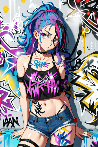 absurdres, best quality,1girl, solo, streaked hair, crop top, denim shorts, choker, (graffiti:1.5),  paint splatter, arms behind back, (slouching), leaning back, against wall, (leaning to the side:0.25), looking at viewer, armband, thigh strap, streaked hair, paint on body, upturned eyes, head down, head tilt, (from side:0.75), bored, (expressionless:0.75)