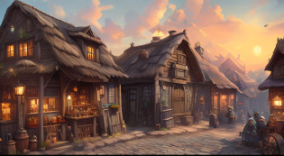 There are many small wooden buildings with thatched roofs on the street, fantasy tavern background, tavern background, fantasy town setting, medeival fantasy town, detailed game art illustration, town background, background artwork, Fantasy Town, Stylized urban fantasy artwork, villages ? illusory engine, a multidimensional cozy tavern, Stylized concept art, Medieval town, medieval village