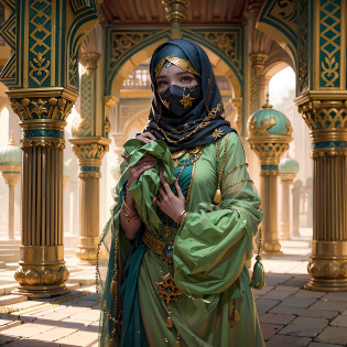 in a panoramic view?photorealestic?8K?Arabic style?golden hues?with blue sky and white clouds?Desert oasis?A market outside the luxury Arabic tent cluster?2 Arab slave girls?Wear a translucent traditional Arabian burqa?Arabic hijab?The Arabian veil is masked?Bind your hands?bound waist?anklet?sat on the ground?Eyes seductive?Masks, Masks?Gorgeously dressed?A noblewoman in a lavish Arabian burqa?See them up close?All masked?Perfectcomposition?professinal?Meistwick?commissioned?best qualtiy?color corrected?After fixation?Retouching?Improvement?Epic?Tone-mapping?the detail? highly  detailed? digitial painting? art  stations? Conceptual map of the long dam? Smoothness? Sharp focus? Beautiful illustration? photore? The light from the back window is backlighted? ????? Mist? ??? cinematic grain? professinal? face to the viewer??Beautiful m3d_woman? Perfect M3D_face,?? Volumetriclighting? subsurfacescattering? Good highlights? Good shadows? cinematic ligh