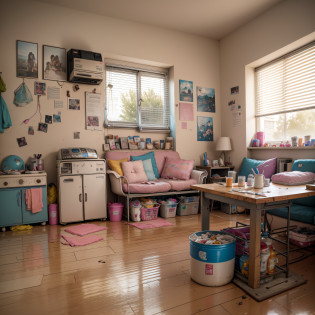 Girl's obsolete dirty room, shabby old pink sofa, underwear is scattered, clothes are scattered, PC and monitor, evening, window, sunset light is entering the room, junk food, cup noodles and drink jars and cans are scattered, garbage is overflowing from trash cans. Cables and wiring are exposed from the walls, only appliances are futuristic, sparkling dust flutters in the room, HD, 8K, masterpiece, realistic texture. --auto --s2