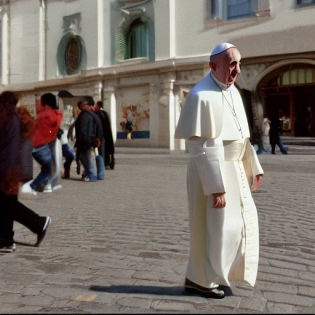 medium-full shot of pope francis wearing puffer jacket, walking on the street, natural afternoon light, shot on Agfa Vista 200, side-angle view, 4k --ar 16:9 --stylize 1000 --v 5