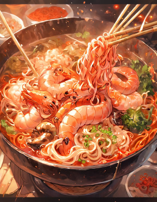 delicacies?Illustration style?Tempting appetite?autumnal?Autumn light close-up spicy noodles?White noodles?Thin noodles?Noodles make up the main body?Seafood mushrooms?Small octopus?Red oil?shrimps?Green peppercorns?Flower nails?chili pepper?vegetable?Chinese cabbage?Tofu bubbles , Super realistic food pictures, full subject shown in photo, A chopstick is filling the bowl with noodles