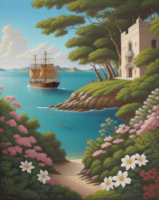 By the pumice island in the Bay of Baie,
And in my sleep I saw old palaces and towers
trembling in the more violent waves,
Here are the detailed prompts for the illustrations in illustrating the poem of Overgrown with Azure Mosses and Flowers:

The background of the painting is the Bay of Bayae. The Bay of Baie is a beautiful bay that faces the Gulf of Naples. The painting depicts the rocky mountains and islands surrounding the bay, as well as the blue sea.
In the center of the painting is an island of pumice stone. Pumice islands are white and round in shape. There are old palaces and towers on the island. Palaces and towers are covered with moss and flowers.
To the right of the painting is a ship sunk in the sea. The ship is old and dilapidated. Fish and shellfish swim around the boat.
To the left of the painting are people sitting on the shore. People are talking while looking at the island. People's faces have expressions of peace.
This painting depicts the beauty of the Bay of Baie and the history of ancient Rome. Looking at the paintings, people will feel like they have traveled back in time to the Bay of Bayae.