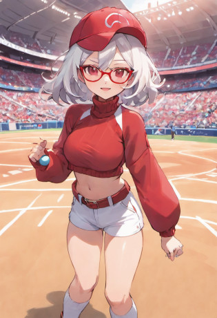 Grinning face,Baseball Cap,Red Baseball Cap.Thrust your right hand forward,white short pants,The field is an urban area,Turtleneck knitwear,Red glasses,Hi-Res, 1womanl,Pose with your right arm stretched forward, ??,Holding a Pok� Ball in Your Hands, grey  eyes, white  hair, Red glasses,Red Baseball Cap, Red knitted turtleneck with long sleeves, White shorts, a belt, stadio, deph of field, Bad face, Stick out the arm holding the pok� ball, put hands on the hip,