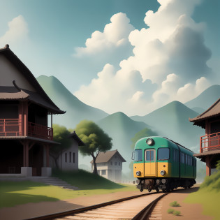 Rural revitalization plan, China's modern villages, big trucks, green leather trains, cement bungalows, sunny white clouds, simple painting style, 2d painting style, unparalleled masterpiece, super clear picture, 8k?