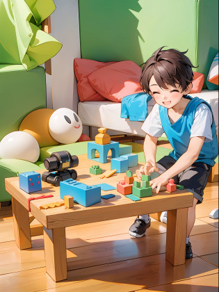 Masterpiece, best quality, 1 boy playing with toys at home, smiling, having fun, wooden furniture, building block toys on the table, transformer toys,
