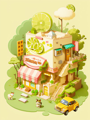 tmasterpiece?Best quality at best?cartoony?3D?There is a cat on it?Illustration of a small shop of a building and a car with a durian package look?The third floor contains a rooftop?cute detailed digital art?Inspired by Yanagawa Nobuta?cute illustration?isometric illustration fun?isometric game art?Isometric 2D game art?isometric illustration?detailed game art?isometric art?Detailed 2.5D illustration?Pixel art isometric graph?