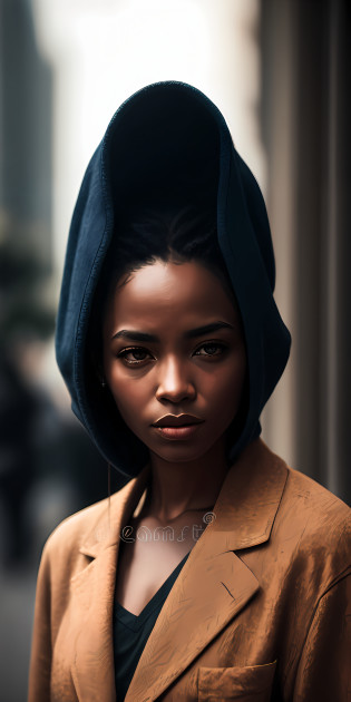 mulher arafed em um casaco marrom e top preto com um capuz azul, cinematic portrayal, foto de uma mulher negra, close - foto retrato acima, foto retrato suave 8 k, cinematic headshot portrait, mulher jovem negra, jovem mulher negra, Close Up foto retrato, menina de cabelo preto vestindo capuz, menina vestindo capuz, Retrato de um modelo bonito, retrato impressionante apague a parte marcada e coloque cabelos lindos e longos