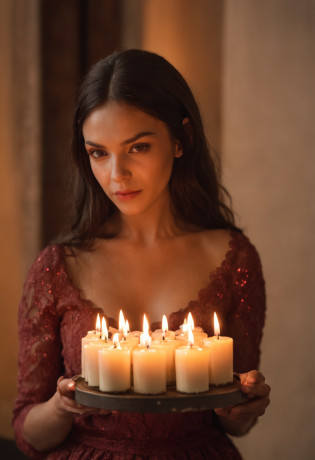 The woman holds a tray?There was cake and candles inside, holding a candle, candle lighting, lit candle, lit with candles, candle wax, luz de velas, Candlelight, in a room full of candles, natural candle lighting, Candle, 8 k sensual lighting, Drip candles, with backlight, floating candles, soft warm light, room full of candles?The woman was dressed in her underwear and a black man stood behind her?The black man put his arm around her?The blacks also wore only one pair of underwear?Gently blow into her earlobe