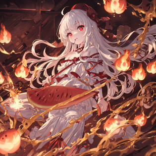 (extremely detailed CG unity 8k wallpaper,masterpiece, best quality, ultra-detailed), extremely detailed fire magician loli, no clothes, cake cream on the skin, white hair and red pupils, mysterious and sexy, holding a flame and devouring half A watermelon, like an artifact. Keep your eyes on the watermelon, highlighting the presence of the watermelon.