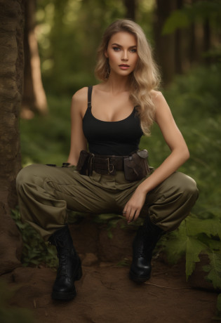 full body, female soldier wearing satin ultra loose harem cargo utility pants with pockets tucked into high heeled knee-high boots tank top and waist belt chest straps meticulously detailed full body view, Raw photography?22-year-old girl, (1girl in)?(realisitic)?(Photorealsitic:1.5)?lipstickornfreckles?(Raw photography?8K UHD?film grains)?Sharp eyeliner?Blush eyeshadow with thick eyelashes?extremely delicate and beautiful?8K?(Soft lighting)?hightquality?hight resolution?foco n�tido?ighly detailed?during the day?(sunlight on face)?beatiful detailed eyes? extremely detailed eye and face??masterpiece?(lighting like a movie)?(high-detail skin:1.2)?8K UHD?Digital SLR?Soft lighting?hightquality?film grains??masterpiece, top-quality, high quality, high resolution
