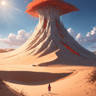 bottom-up view of a vast white sand desert with no end in sight, uma grande torre negra ao fundo, um grande buraco vermelho acima da torre, sand falling from various parts of the sky, Olhe de baixo para cima, Antecedentes altamente detalhados?Realistic?ultra-detalhada?pele super detalhada?Brilho da Luz?filmic grain?Expro II?Reflexo da lente?sharpen?Cinematic shadow
