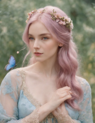 pink color hair and butterfly wings fk yalis kimi iro, in the style of light azure and amber, pre-raphaelite-inspired, playful collage, light violet and light indigo, made of flowers, organic material, painterly style,upper body
